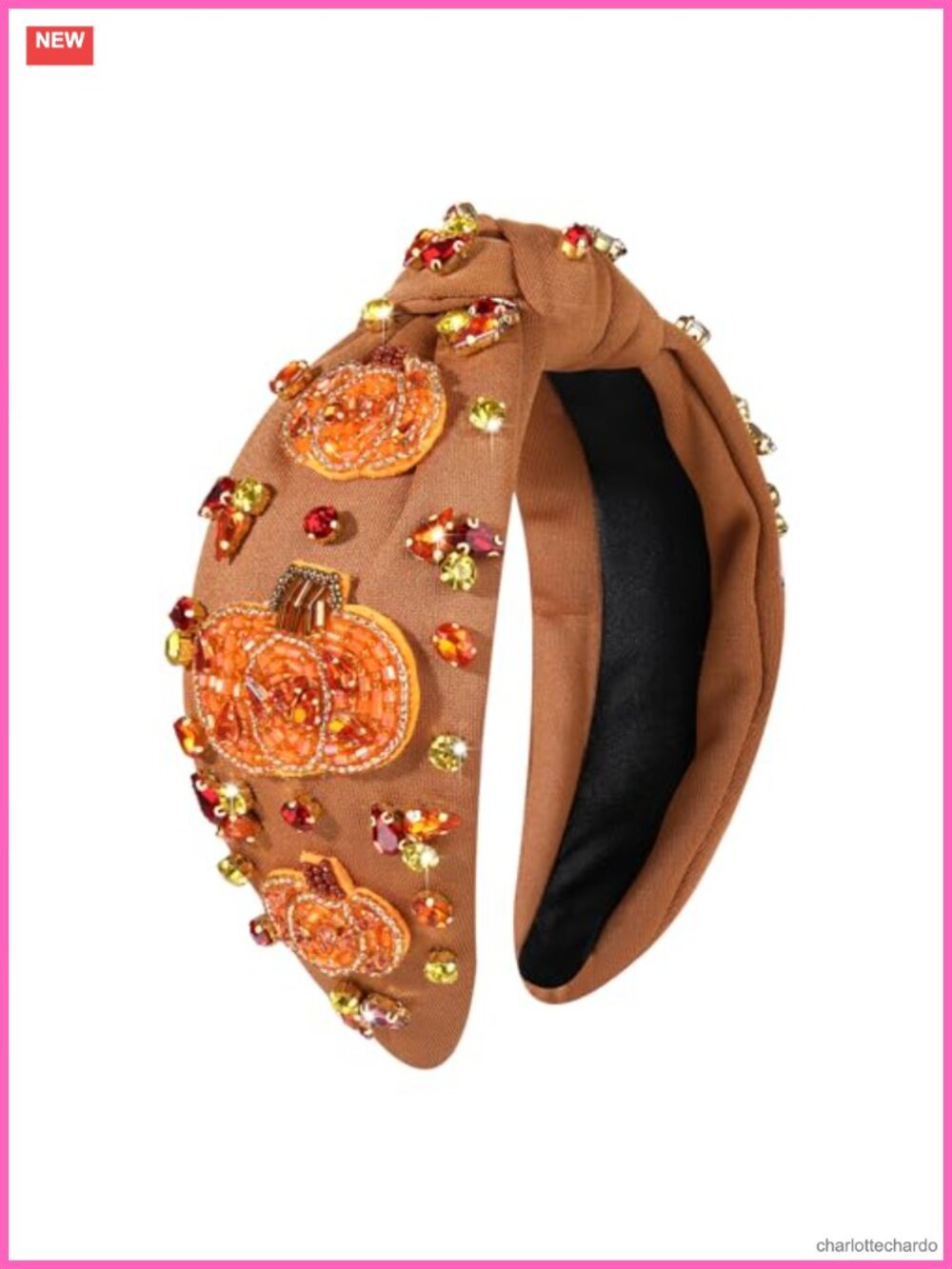 Thanksgiving Beaded Pumpkin Knotted Headband Crystal Embellished Wide Hairband